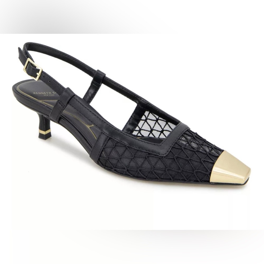 Kenneth Cole Shoes Women Kitten Heel Black Size#10M Metal Gold Pumps New